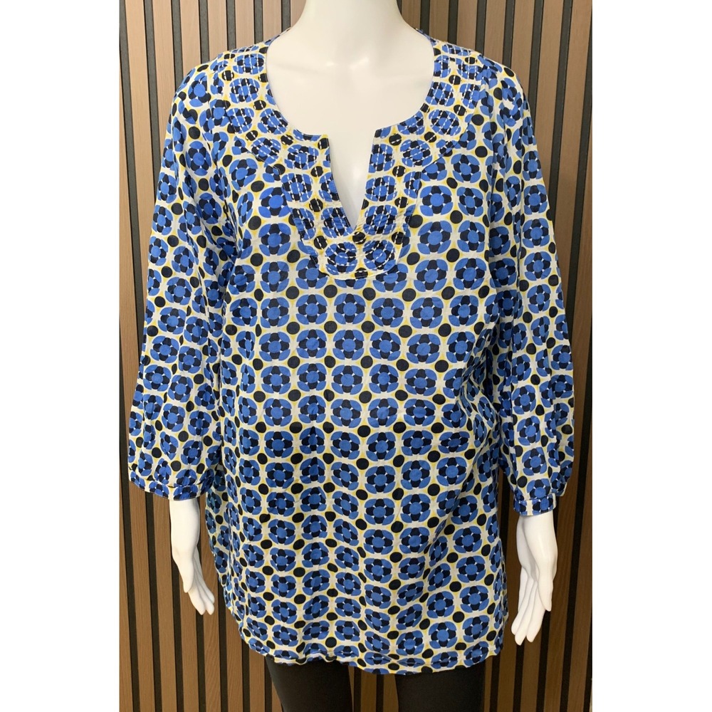 Talbots Women's 2X Tunic Top Blue Yellow Geometric Floral Cotton Split Neck
